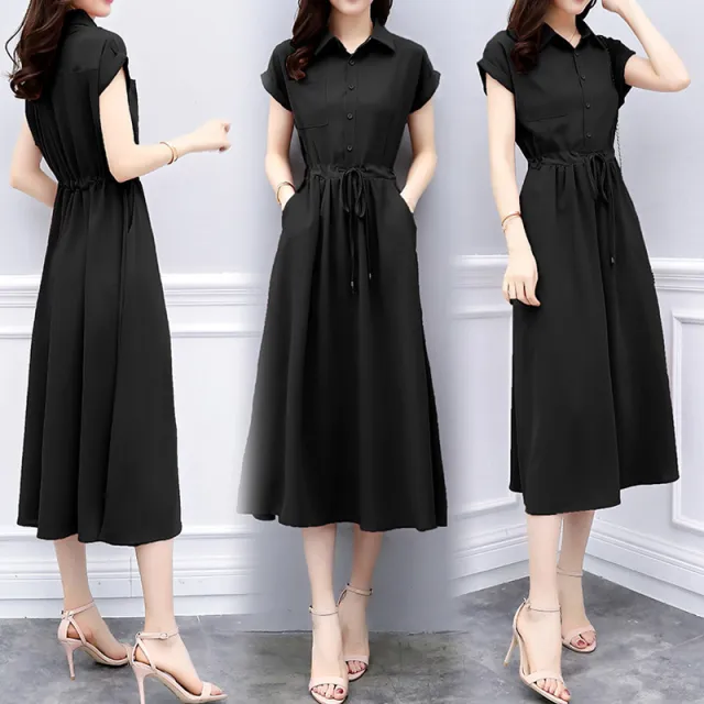 Waist tight Slimming Elegant Long Dress Casual Polo Shirt Skirt Black - Shop at LoveMi