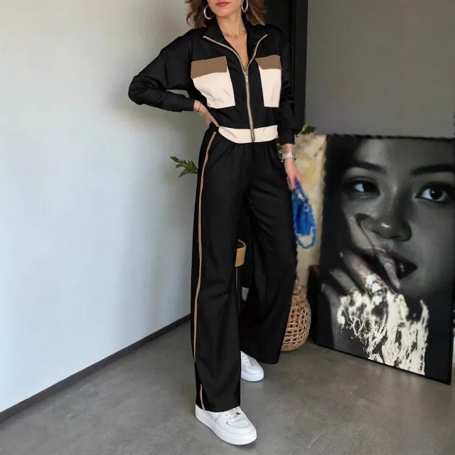 Color Matching Long Sleeve Top Elastic Waist All matching Straight Trousers Ladies Two piece Set Black - Shop at LoveMi