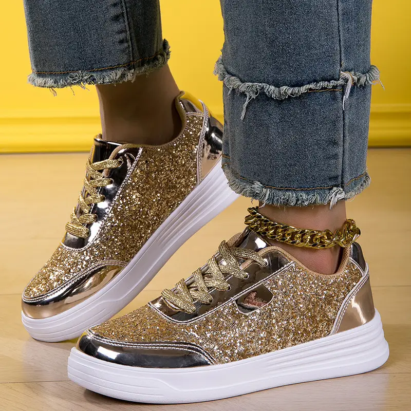 Women's Casual Plus-Size Lace-Up Glittery Sneakers