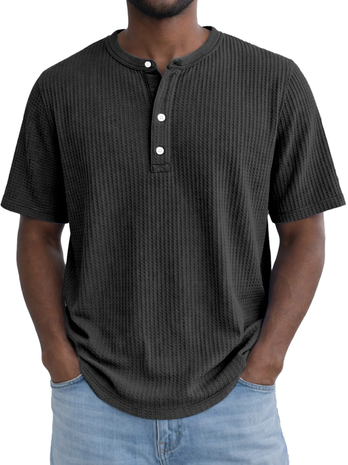 Short-Sleeve Waffle-Weave Henry Collar T-Shirt