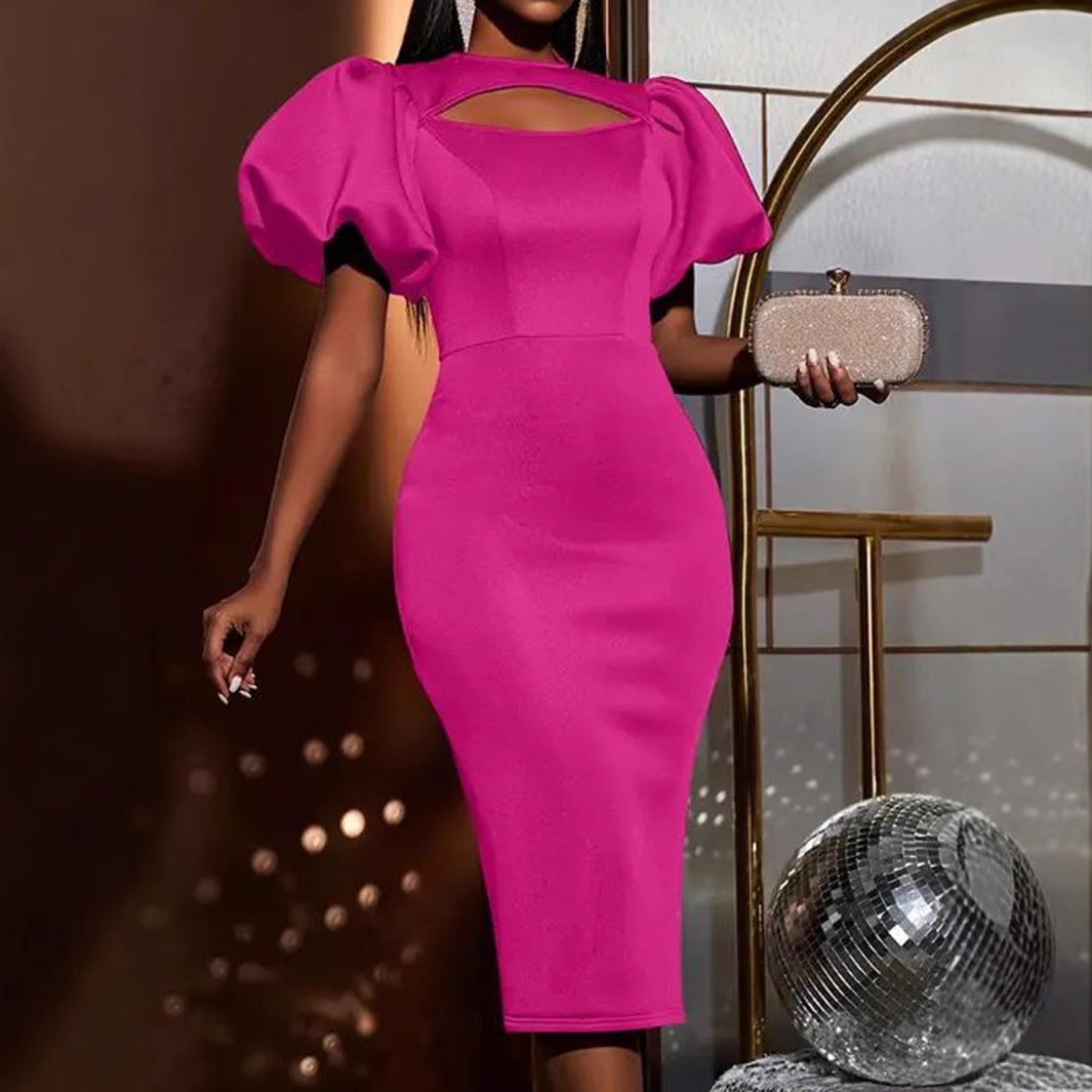 Stylish And Elegant Hollow Out Puff Sleeve Dress