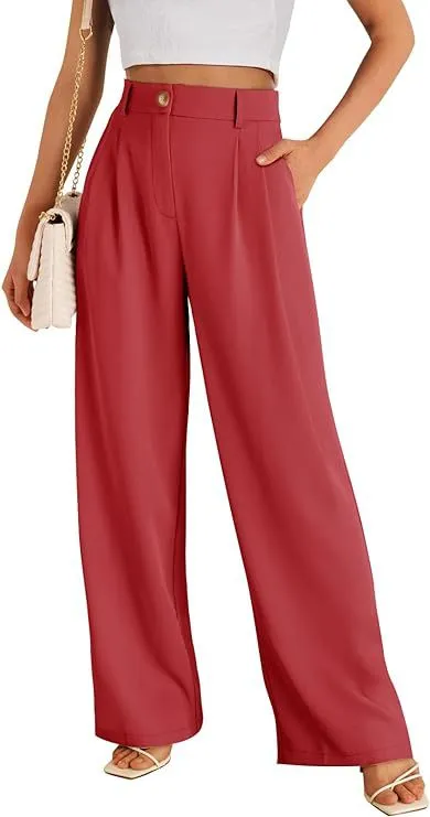 Casual Wide Leg Business Pants Women's High Waist Formal Trousers - Red