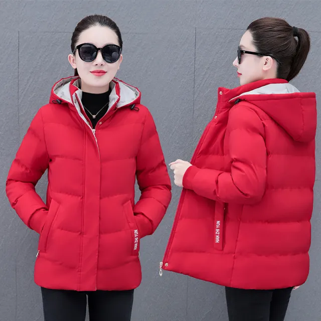 Winter Fleece lined Thick Middle aged Mom's Lamb Fleece Hooded Down Cotton Coat For Women Red - Shop at LoveMi