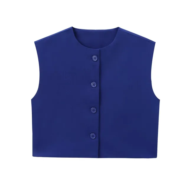Fashion Solid Color Decorated Row Button Sleeveless Vest Top Blue - Shop at LoveMi