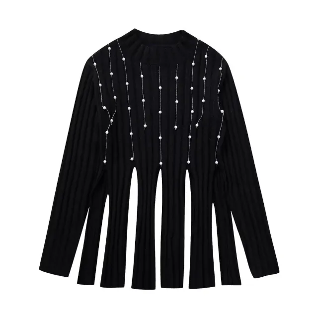 Women's Fashionable Pearl Decorated Tassel Sweater Black - Shop at LoveMi