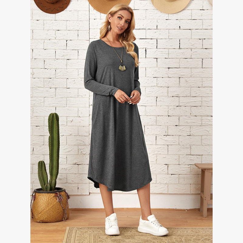 Women's cotton long sleeve dress in light gray, back view