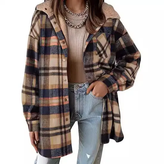 European And American Style Women Flannel Plaid Jacket Long Sleeve Autumn Brown - Shop at LoveMi