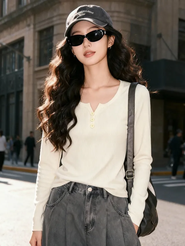 Semi open Round Neck T shirt Women's Slim fit Top Apricot - Shop at LoveMi