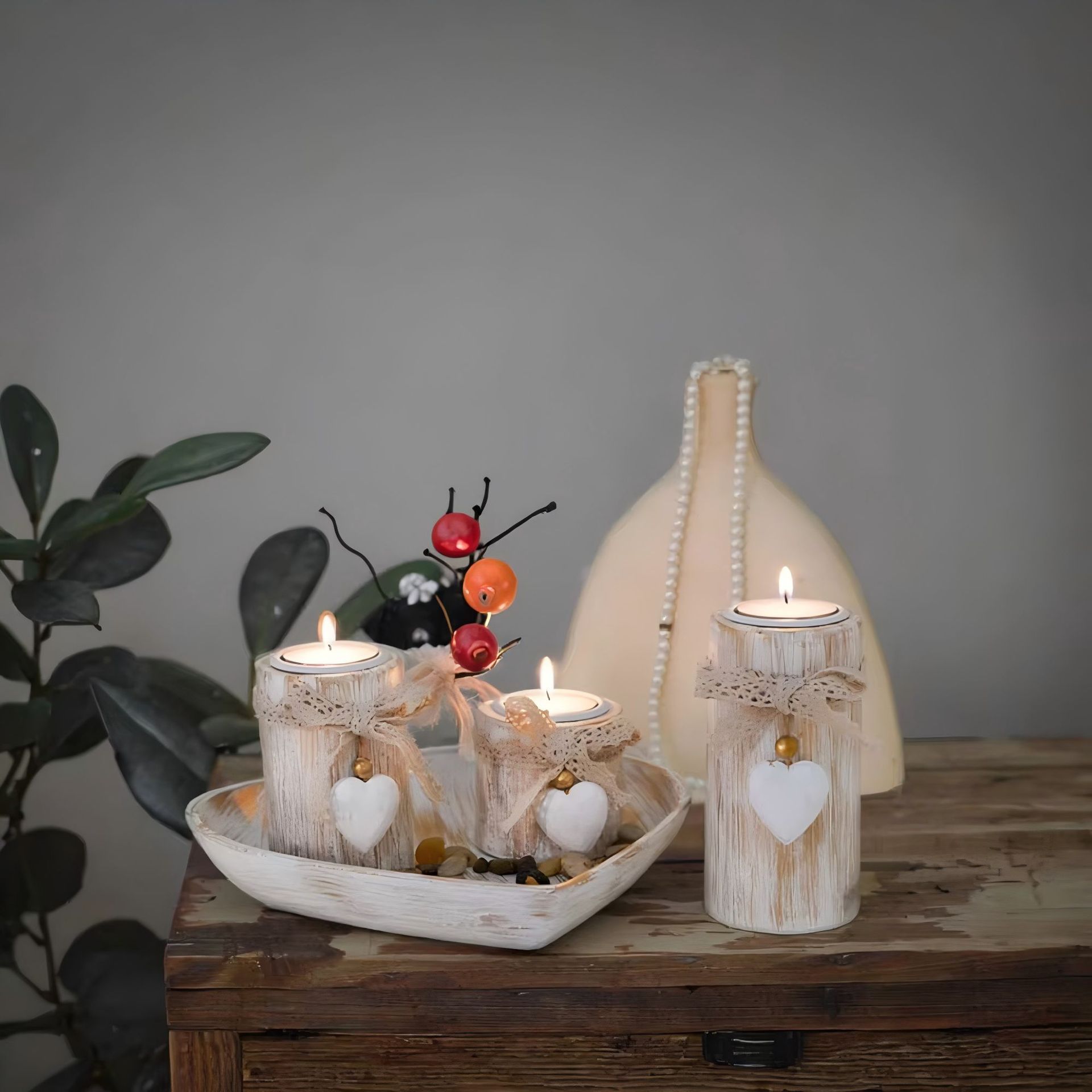 Wooden Heart Candle Holder Set