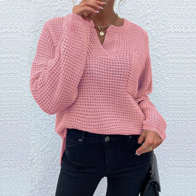 Women's Top Knitted Pullover Long Sleeve V neck Pocket Solid Color Sweater Pink - Shop at LoveMi