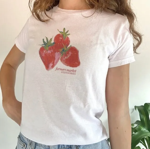 Short sleeved Street Casual Round Neck Strawberry Printed T shirt Top White - Shop at LoveMi