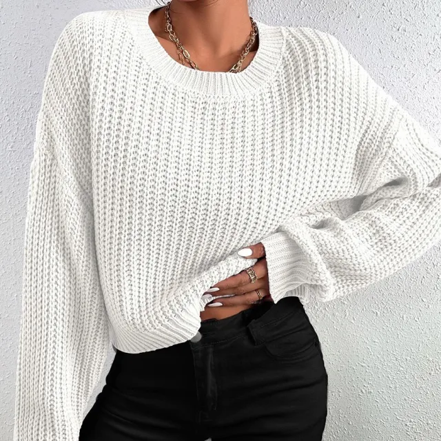 European And American Loose Short Pullover Round Neck Long Sleeves Sweater White - Shop at LoveMi