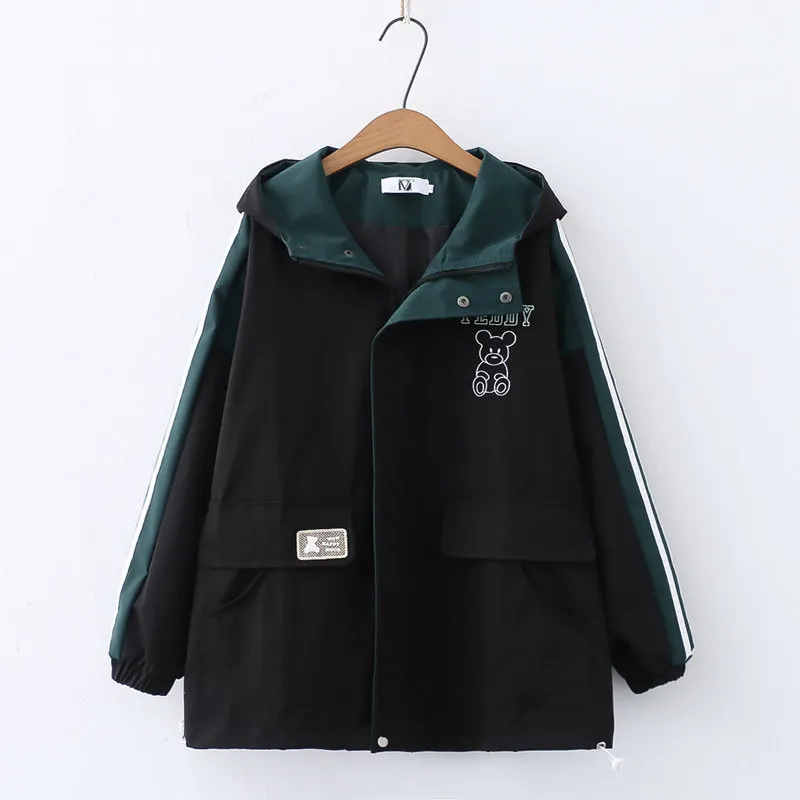 Cartoon Bear Embroidery Hooded Coat For Women - Black