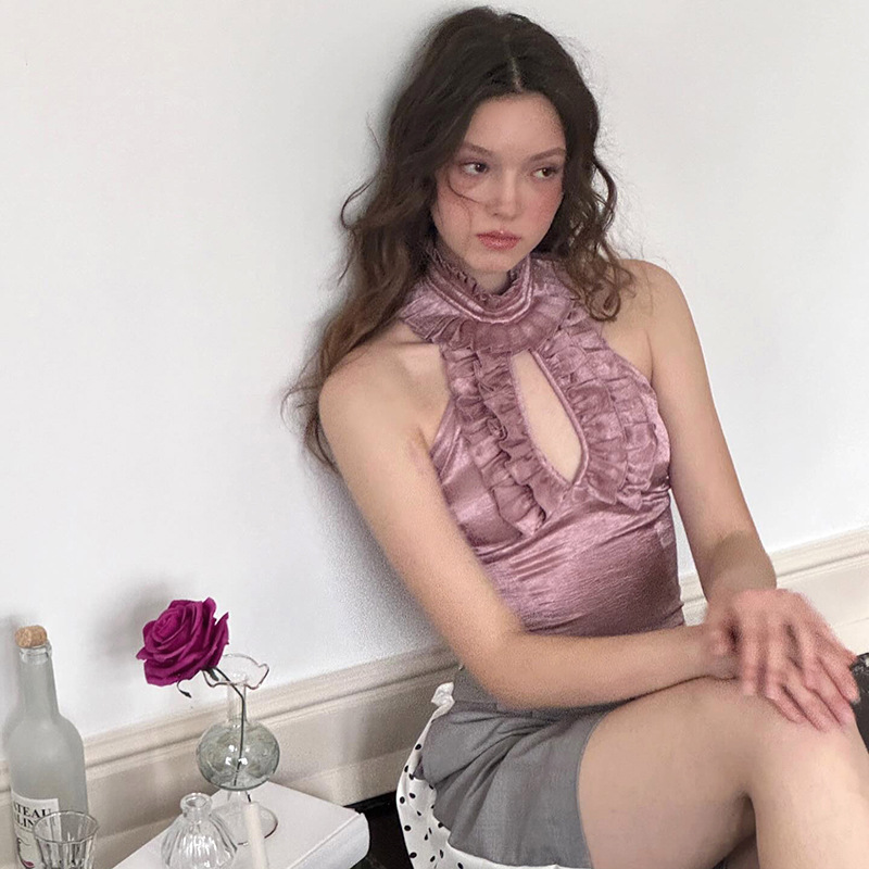 American Private Clothing Socialite Lace Cutout Sleeveless Stand Collar Short Top Vest