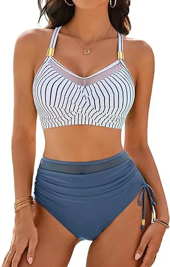Sexy Mesh Stitching Drawstring Split Women's Bikini Swimsuit Blue Stripes - Shop at LoveMi