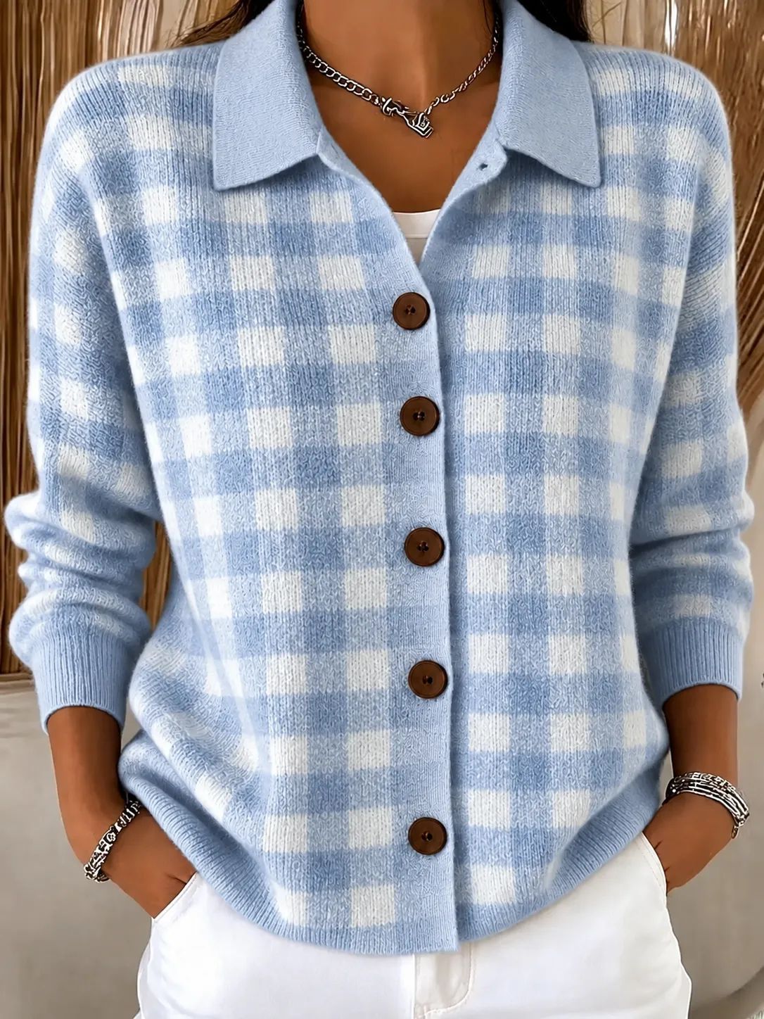New Fallwinter Womens Loose-fit Plaid Long-sleeve Lapel Sweater Cardigan