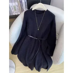 Winter Outfit A Full Set Of French Retro Dresses For Women - Black Belt - View 1