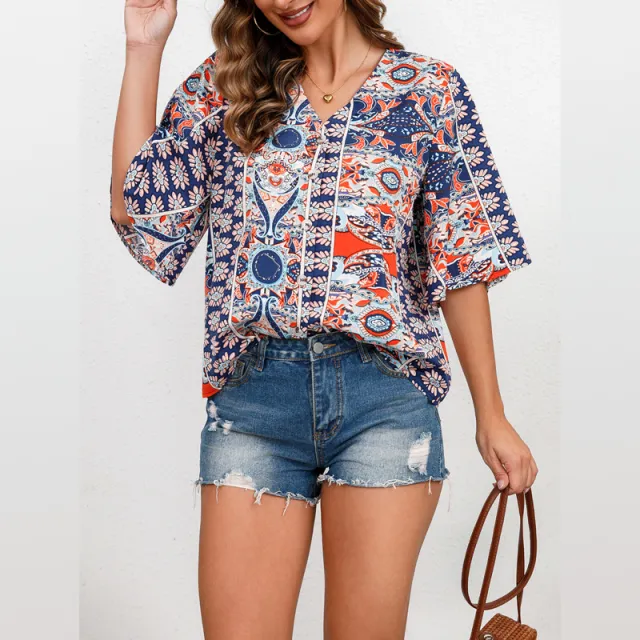 Women's Fashion Vintage Print Short Sleeve Shirt Flower Color - Shop at LoveMi