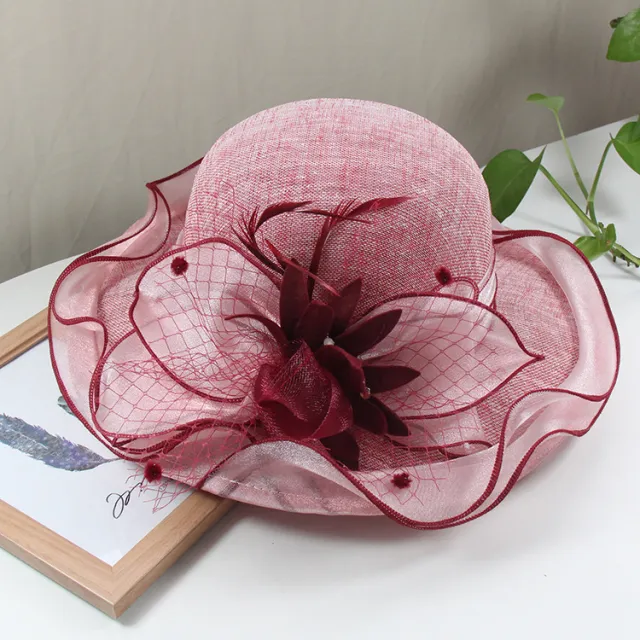Women's Wavy Linen Wide Brim Top Hat Wine Red - Shop at LoveMi