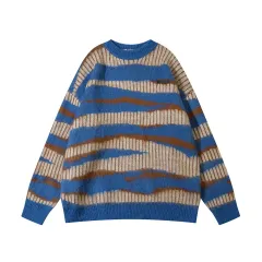 European And American Striped With Fleece Lining Round Neck Sweater Autumn And Winter Loose Casual - Blue - View 1