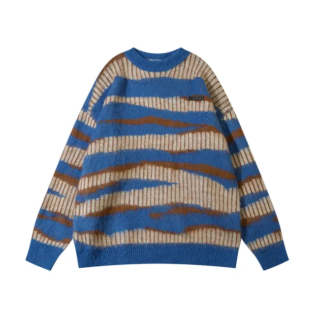 European And American Striped With Fleece Lining Round Neck Sweater Autumn And Winter Loose Casual Blue - Shop at LoveMi