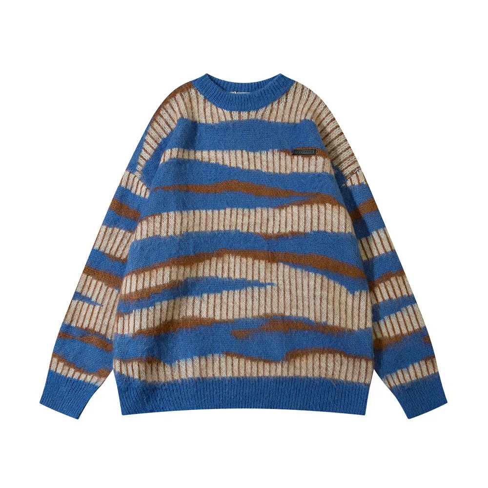 European And American Striped With Fleece Lining Round Neck Sweater Autumn And Winter Loose Casual - Blue