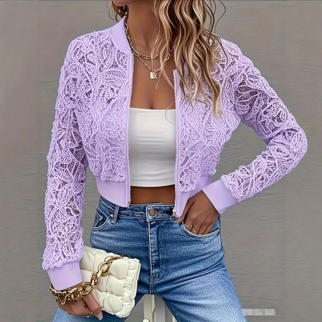 Women's Solid Color Fashionable Short Lace Jacket With Zipper Purple - Shop at LoveMi