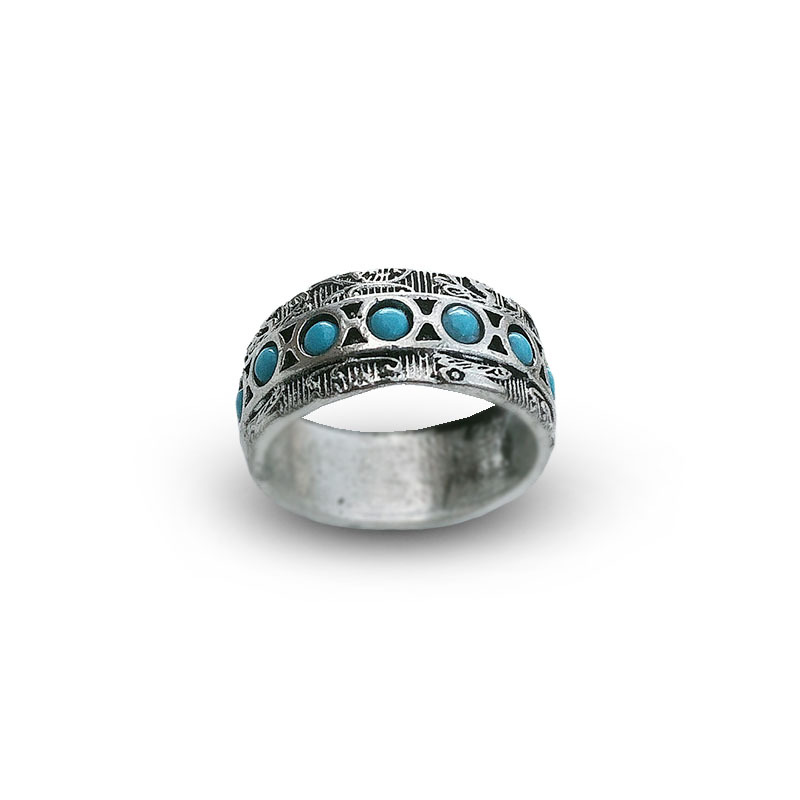 New Retro Embossed Pattern Full Circle Blue Turquoise Ring