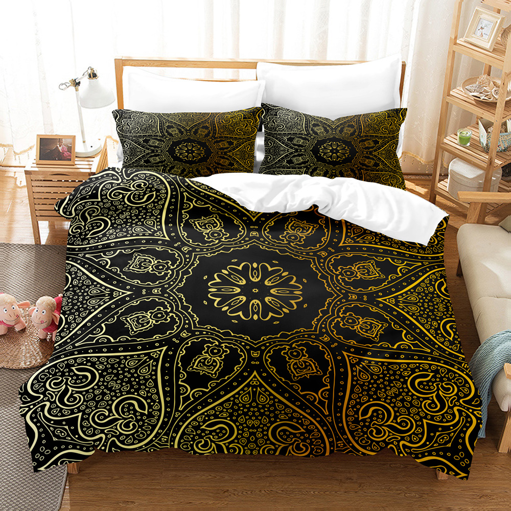 New Brushed Chemical Fiber Digital Golden Pattern Bed Three-piece Set