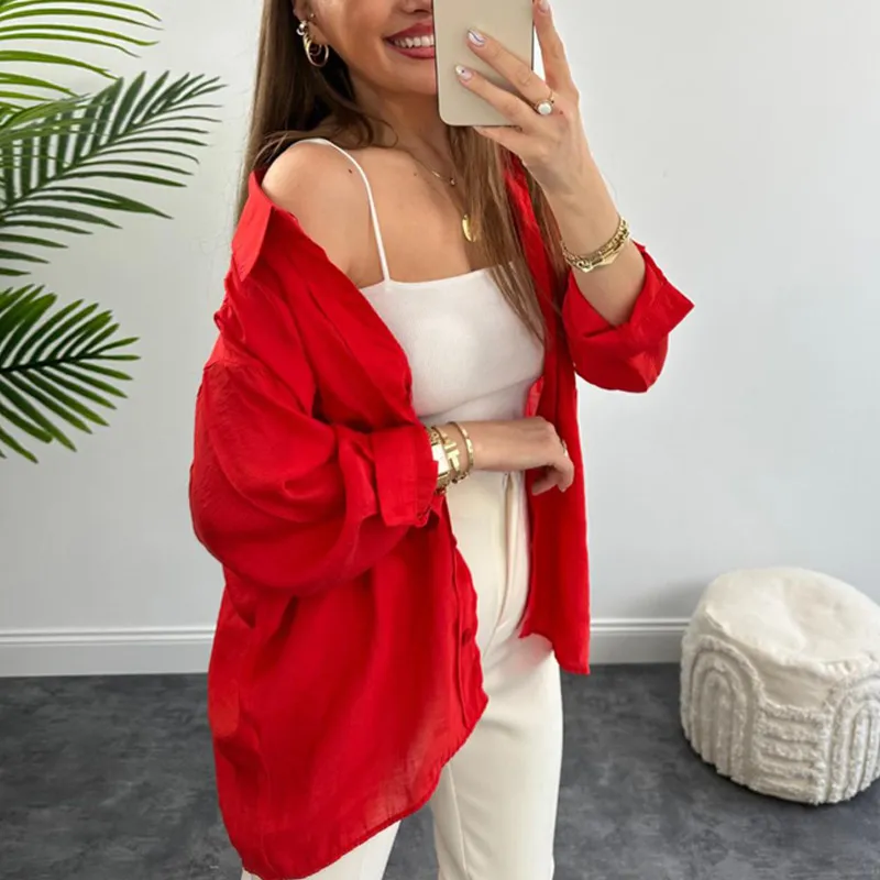 Spring And Autumn Fashion Shirt Women's Loose Hanging Shoulder Single-breasted Cardigan Long Sleeve Shirt - Red
