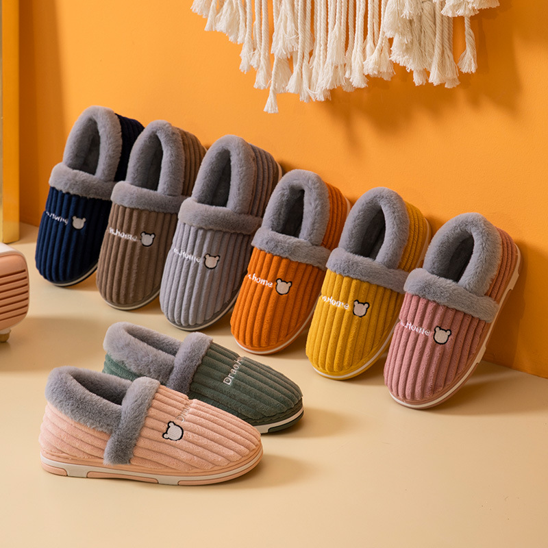 Corduroy Striped Faux Rabbit-Fur Slippers For Couples