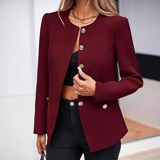 Round Neck Long Sleeve Button Cardigan - Wine Red