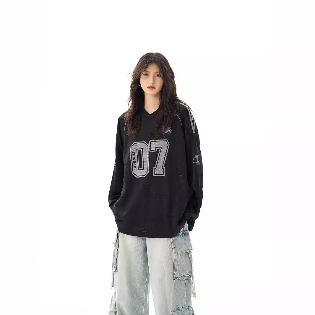 Loose Youth Street Long Sleeve T-shirt V-neck Popular Printing