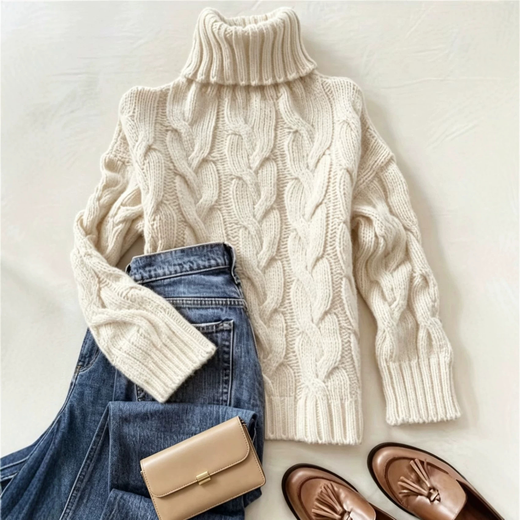 Comfortable Turtleneck Long-sleeve Sweater With A Cable-knit Pattern
