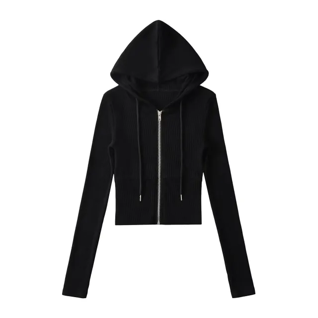 Sporty Casual Hooded Zip up Waist cinching Sweatshirt For A Slimming Effect Black - Shop at LoveMi