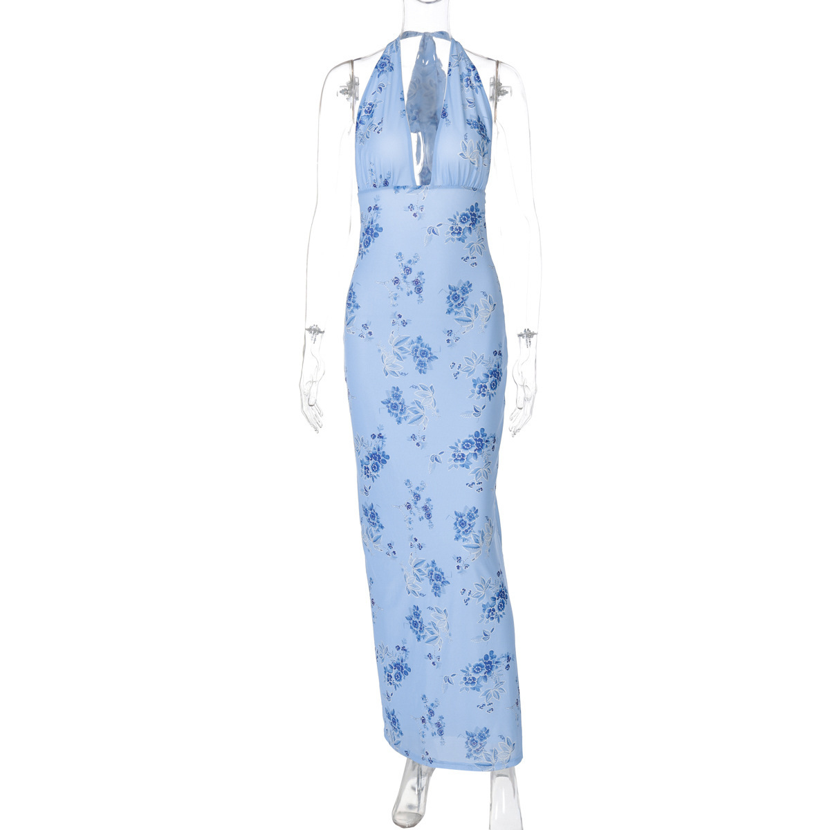 Fashionable Printed Bodycon Backless Lace up Dress Blue - Shop at LoveMi