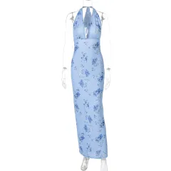 Fashionable Printed Bodycon Backless Lace-up Dress - Blue - View 1