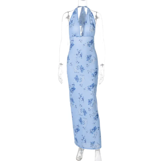 Fashionable Printed Bodycon Backless Lace up Dress Blue - Shop at LoveMi