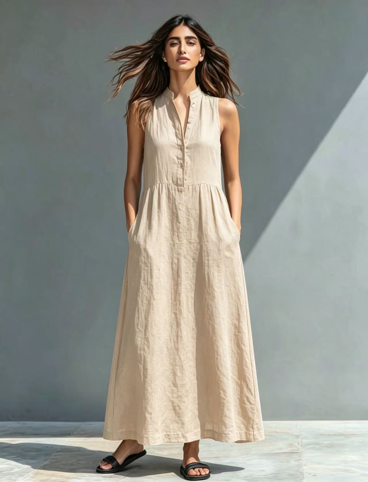 Women's Stand-Collar Maxi Dress in Apricot – boho resort vacation style