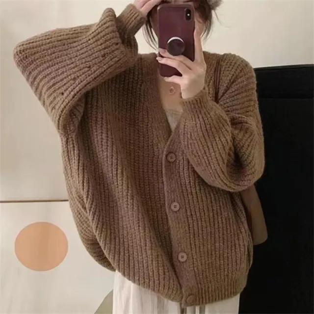 V neck Knitted Cardigan Women's Thick Needle Loose Sweater Khaki - Shop at LoveMi