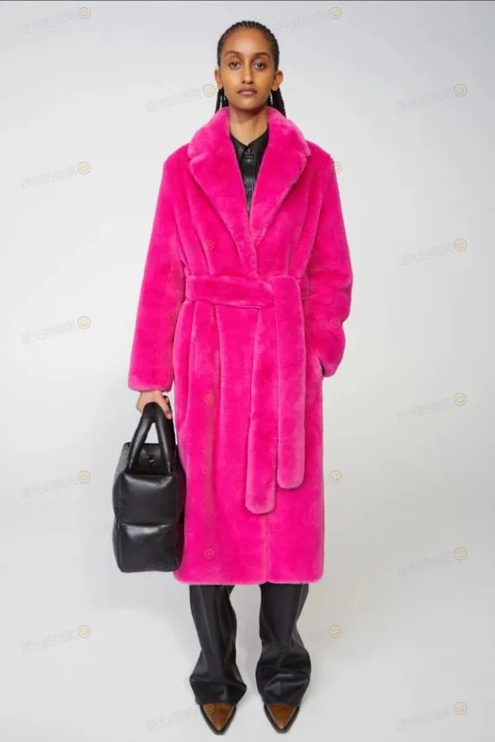 Long Rabbit Fur Mink Overcoat Thickened Fleece Coat Rose Red - Shop at LoveMi