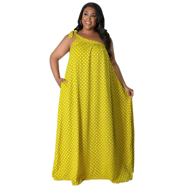 Plus size Women's Sexy Backless Solid color Printed One shoulder Halter Dress Yellow - Shop at LoveMi