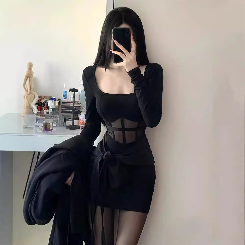 Black Mesh Bodycon Mini Dress Womens Sexy Sheer Short-Sleeve Slim-Fit Party Outfit For Autumn product image