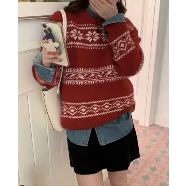 Loose And Thick Christmas Style Knitted Top Retro Round neck Sweater Red - Shop at LoveMi