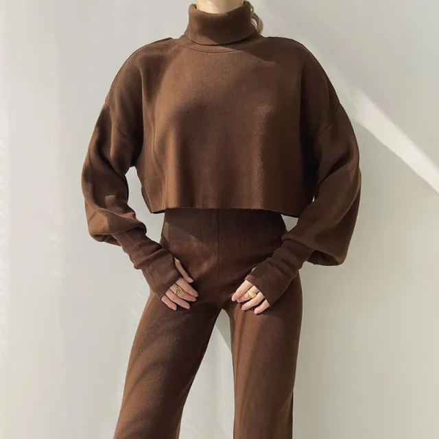 Autumn And Winter New European And American Turtleneck Loose Long Sleeve Top Female Casual Fashion Set Brown - Shop at LoveMi