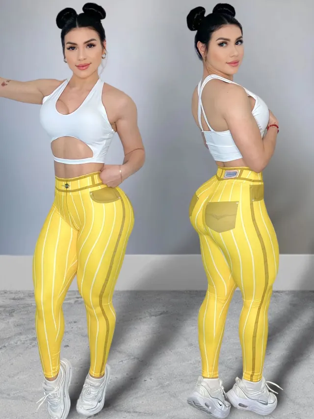 Denim Line Printing High Waist Yoga Pants Yellow - Shop at LoveMi