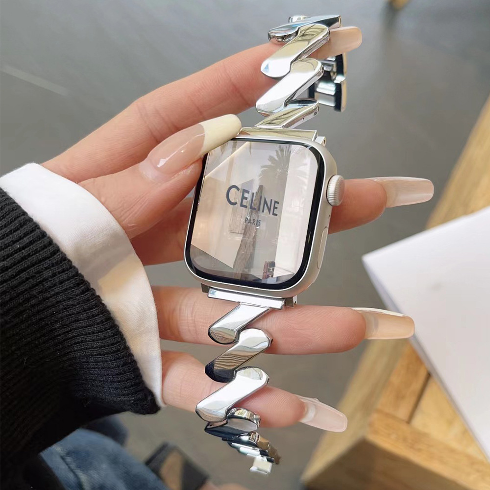 سوار ساعة برباط حريري بنقشة الأمواج مع حزام فولاذي بشكل حرف Z