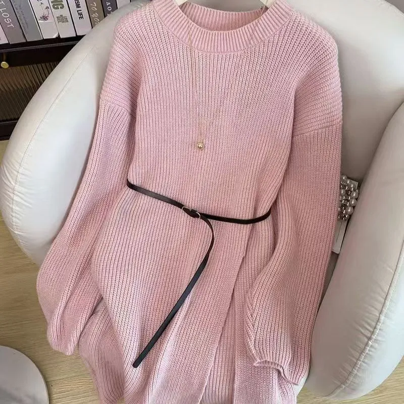 Winter Outfit A Full Set Of French Retro Dresses For Women - Pink Belt