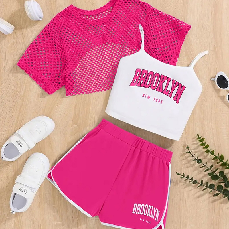 Summer New Mesh Shirt Short-Sleeve Top Pullover Three-Piece Set