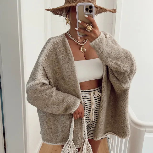 Thick Needle Knitted Sweater Coat Loose Light Khaki - Shop at LoveMi